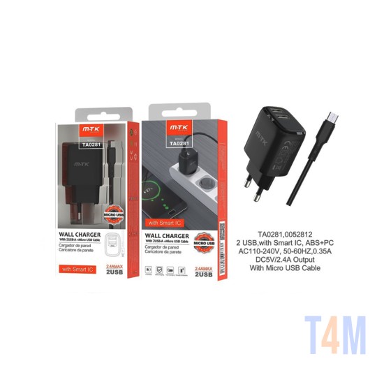 CARREGADOR ADAPTADOR RÁPIDO MTK TA0281 NE COM CABO MICROUSB E CHIP DE RECONHECIMENTO INTELIGENTE 2 PORTAS USB 2.4A MÁX. PRETO